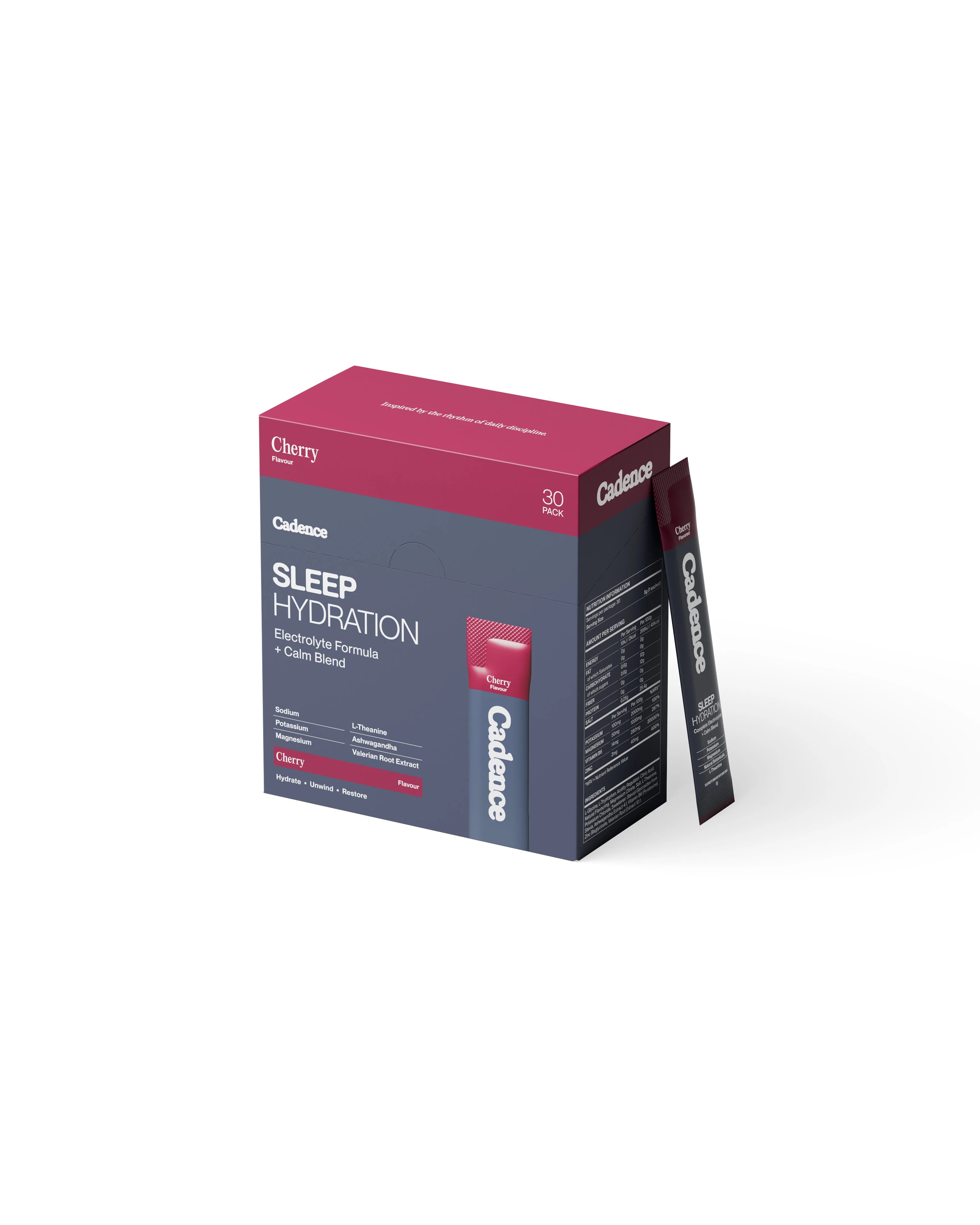 Cadence Sleep Hydration 30 porciones, Caja Cadence Sleep Hydration para recuperación y Cadence Sleep Hydration para runners y atletas.